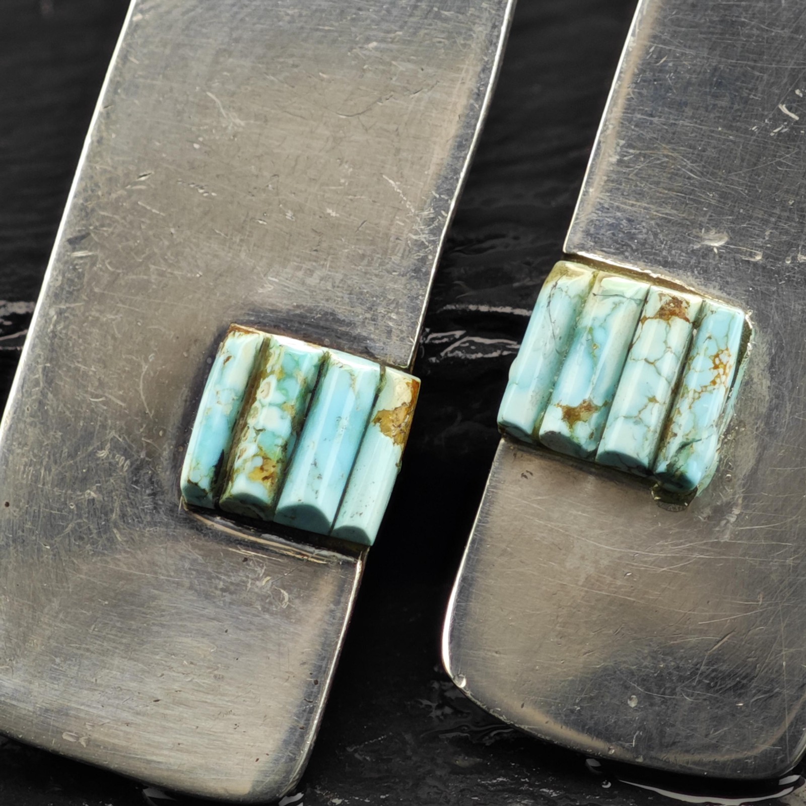 AS IS Native #8 Turquoise Cobble Stone Inlay Sterling Silver Stud Earrings AS IS Native #8 Turquoise Cobble Stone Inlay Sterling Silver Stud Earrings
