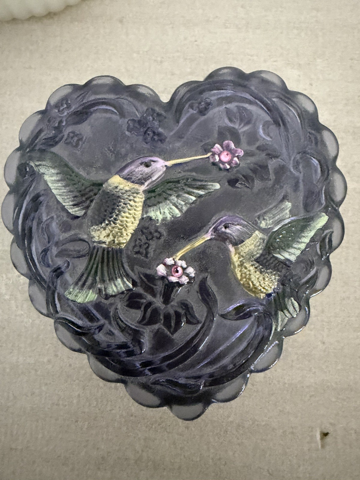 Fenton purple Glass Hand Painted Ruffled Edge Heart Shaped Trinket Box