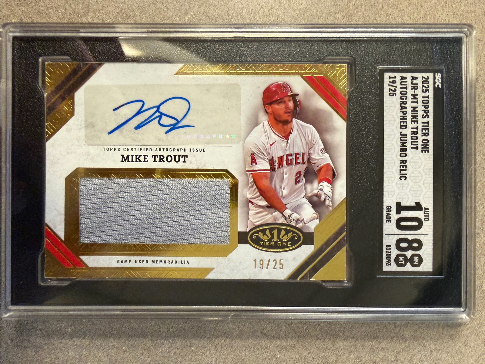 2025 Topps Tier One Mike Trout Auto Jumbo Relic 19/25 Angels SGC 10/8 2025 Topps Tier One Mike Trout Auto Jumbo Relic 19/25 Angels SGC 10/8