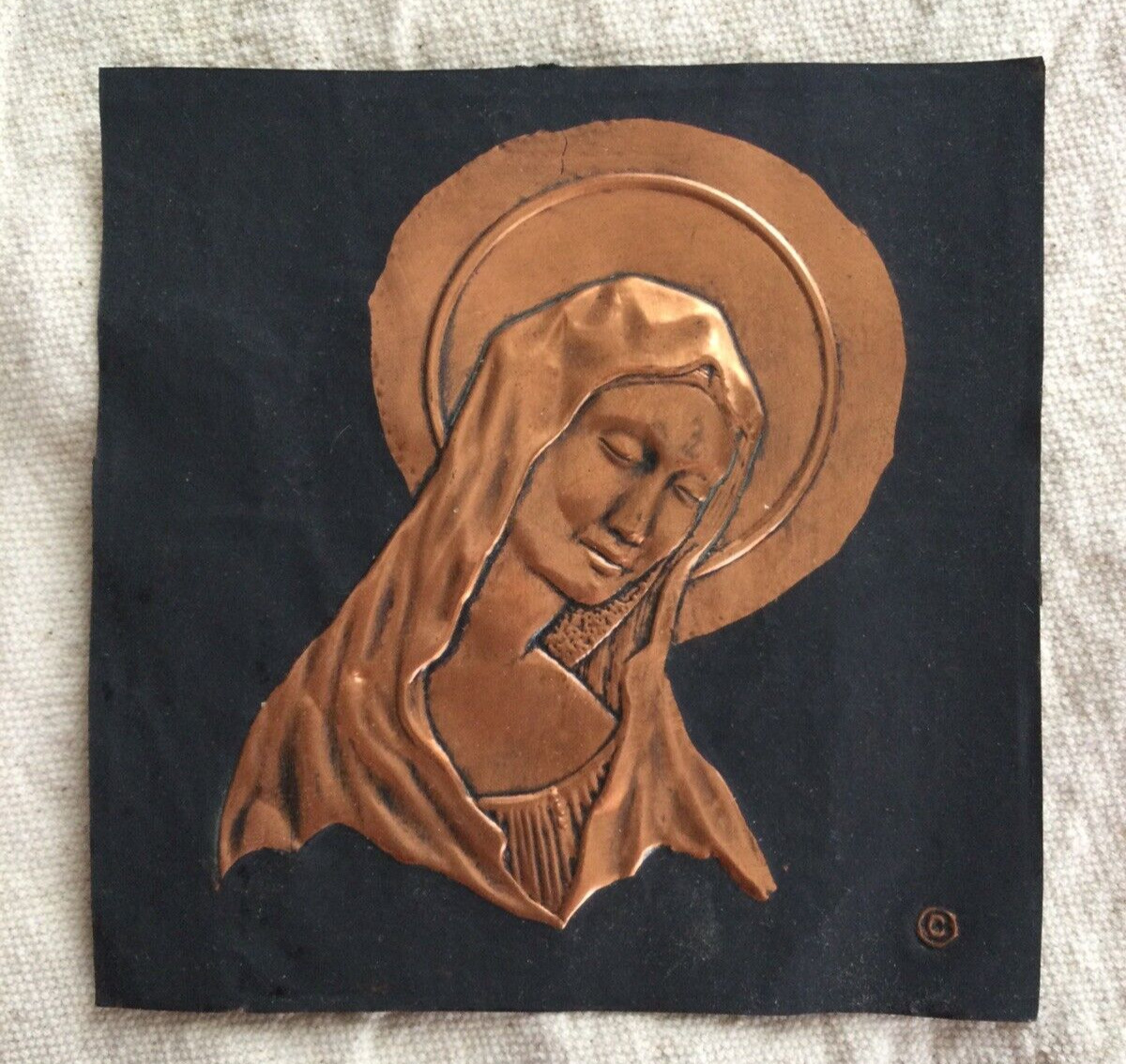 Madonna - pressed copper  picture in small frame - Vintage
