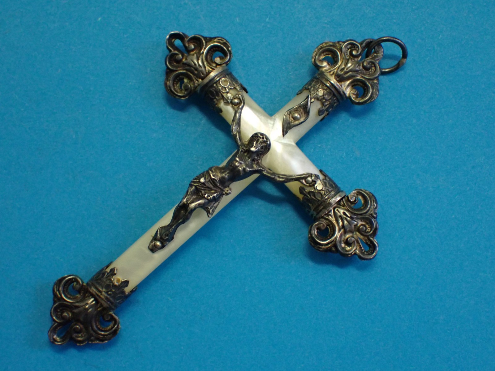 HUGE antique FRENCH NUNS CRUCIFIX / mother of pearl + SILVER HUGE antique FRENCH NUNS CRUCIFIX / mother of pearl + SILVER