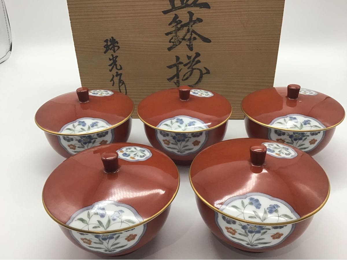 Noritake Teacup Set 5 Lidded Yunomi Juko Red Lacquer Floral Wooden Box Japanese Noritake Teacup Set 5 Lidded Yunomi Juko Red Lacquer Floral Wooden Box Japanese