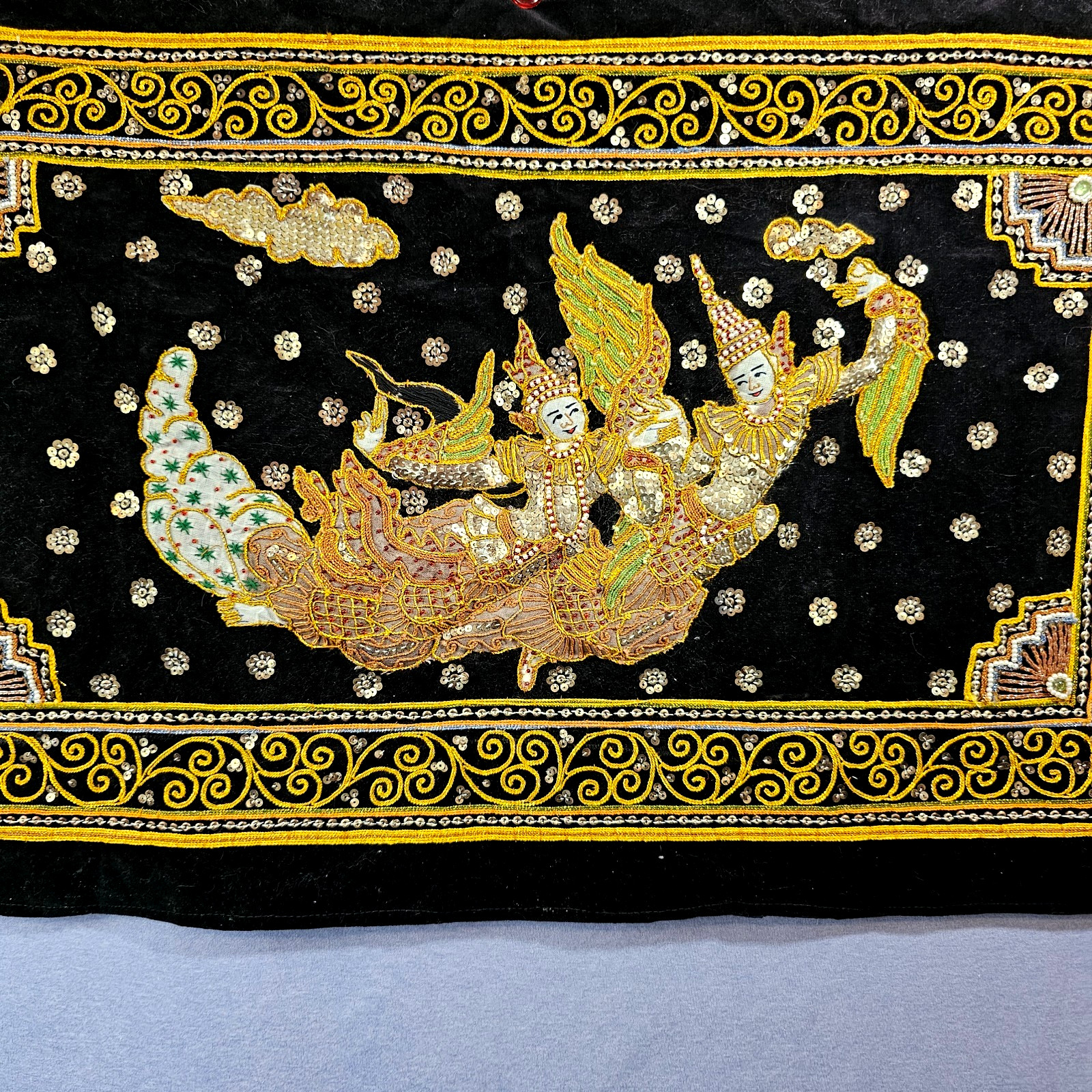 Vtg Burmese Myanmar Thai Kalaga Devas Gold Embroidered Tapestry Sequins 33x20 Vtg Burmese Myanmar Thai Kalaga Devas Gold Embroidered Tapestry Sequins 33x20