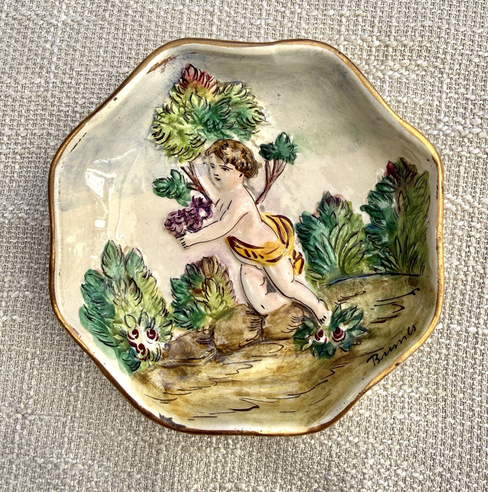 Vintage Bumes Italy 63/1 Cherub Putto Relief Dish Wall Plate Hand Painted Decor