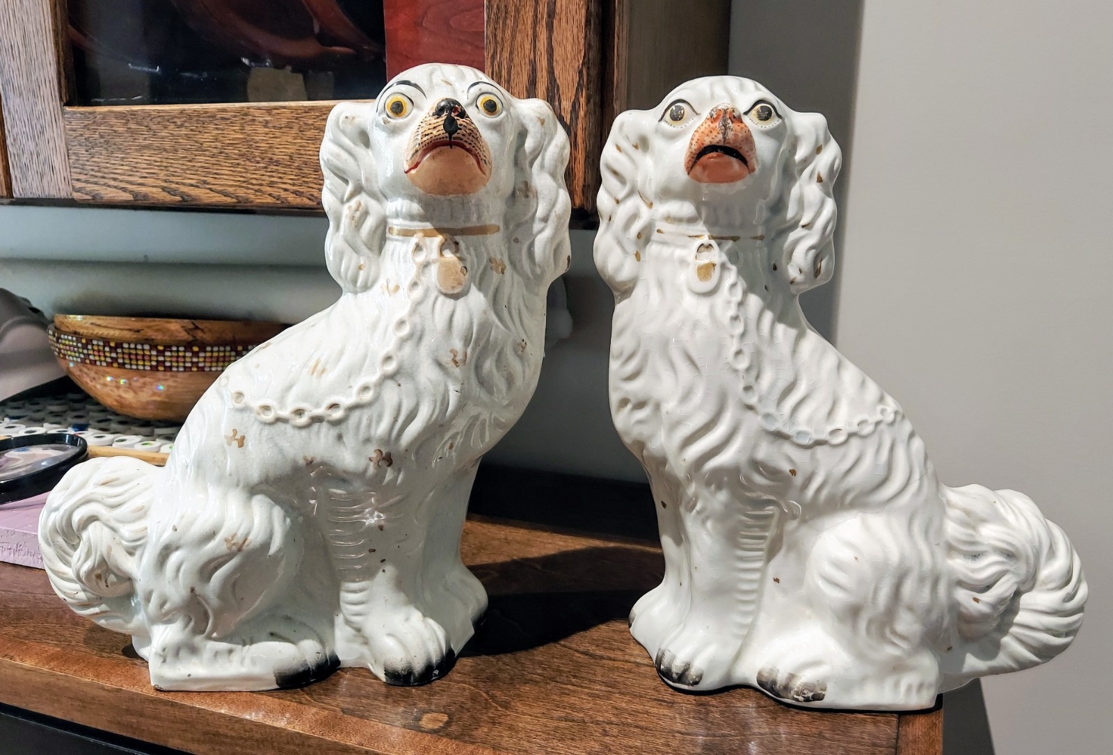 Pair of 19th Century Porcelain Dog Figurines Staffordshire Spaniel Statues.  11"