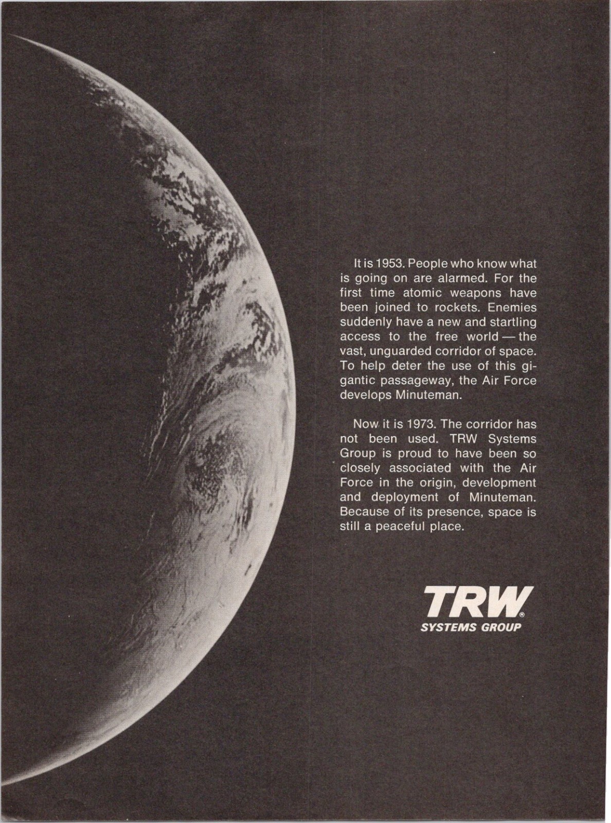 TRW Systems Group 1973 Vintage Air Force Print Ad Minuteman Space TRW Systems Group 1973 Vintage Air Force Print Ad Minuteman Space