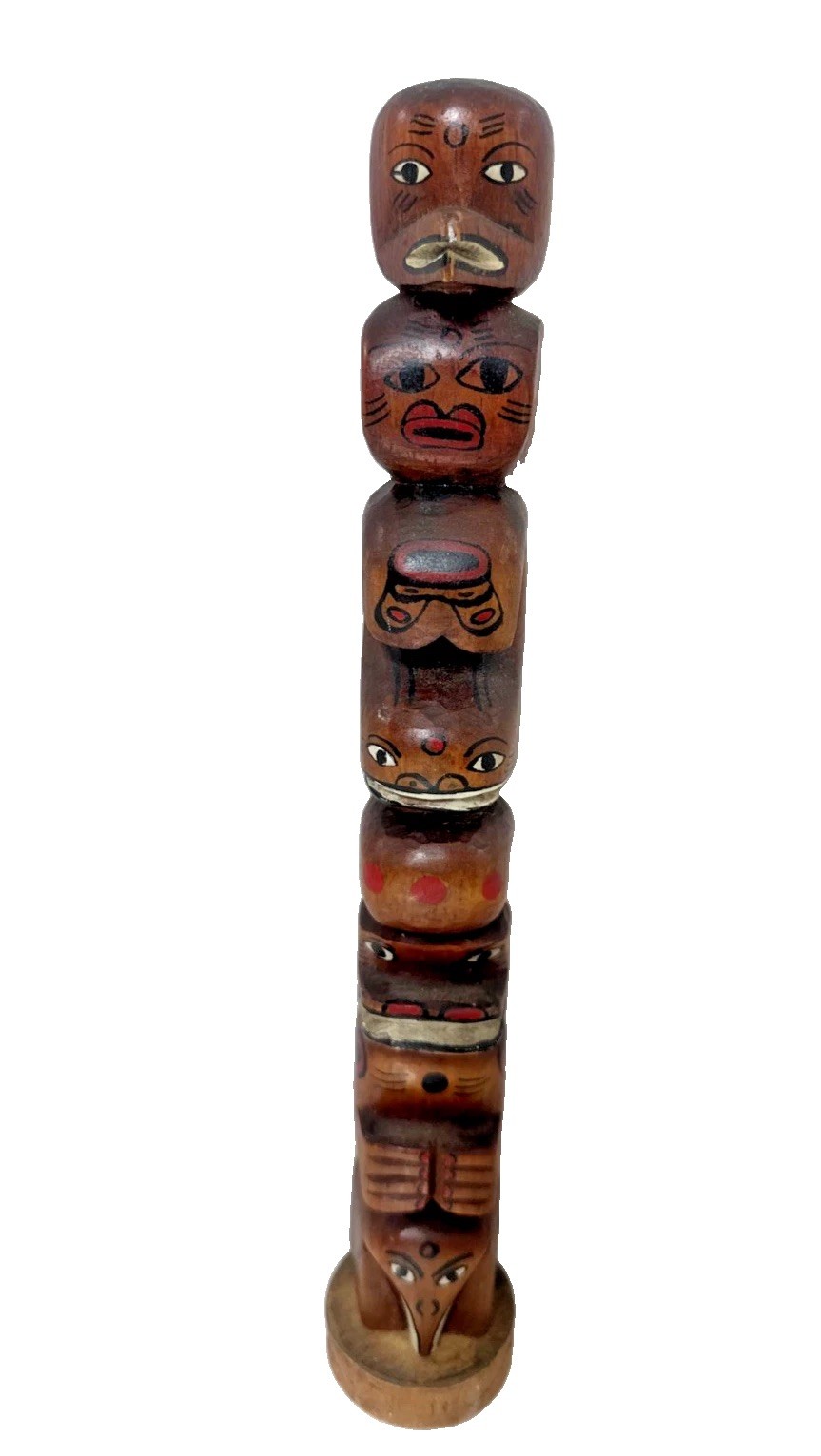 Vintage Kwakiutl First Nations Hand Carved Wood Totem Pole Sculpture Canada 13"