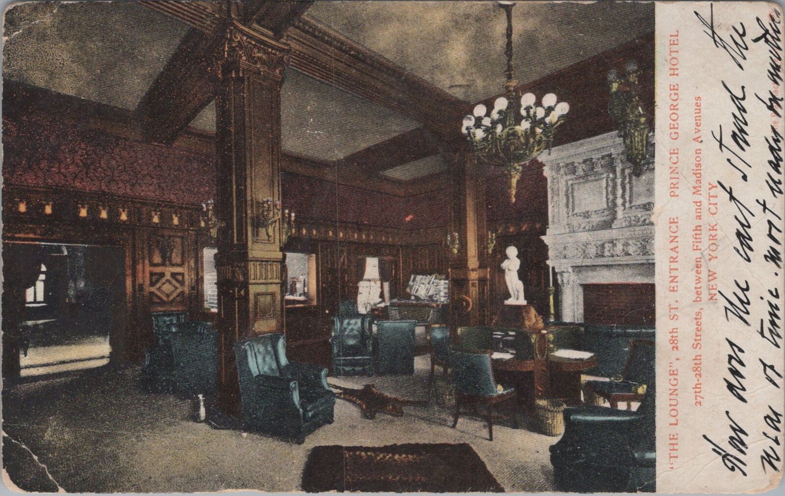 The Lounge 28th St Entrance Prince George Hotel to Friendship,ME 1906 Postcard