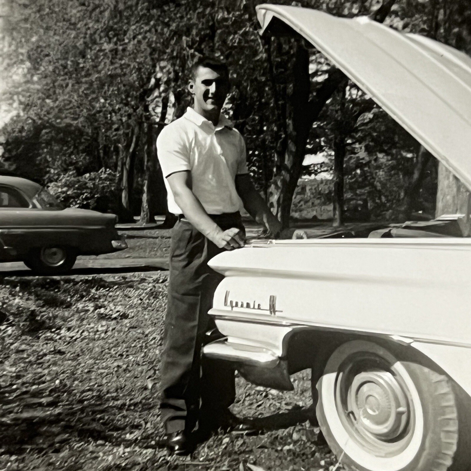 Vintage B&W Snapshot Photograph Handsome Young Man Classic Car Hood Up