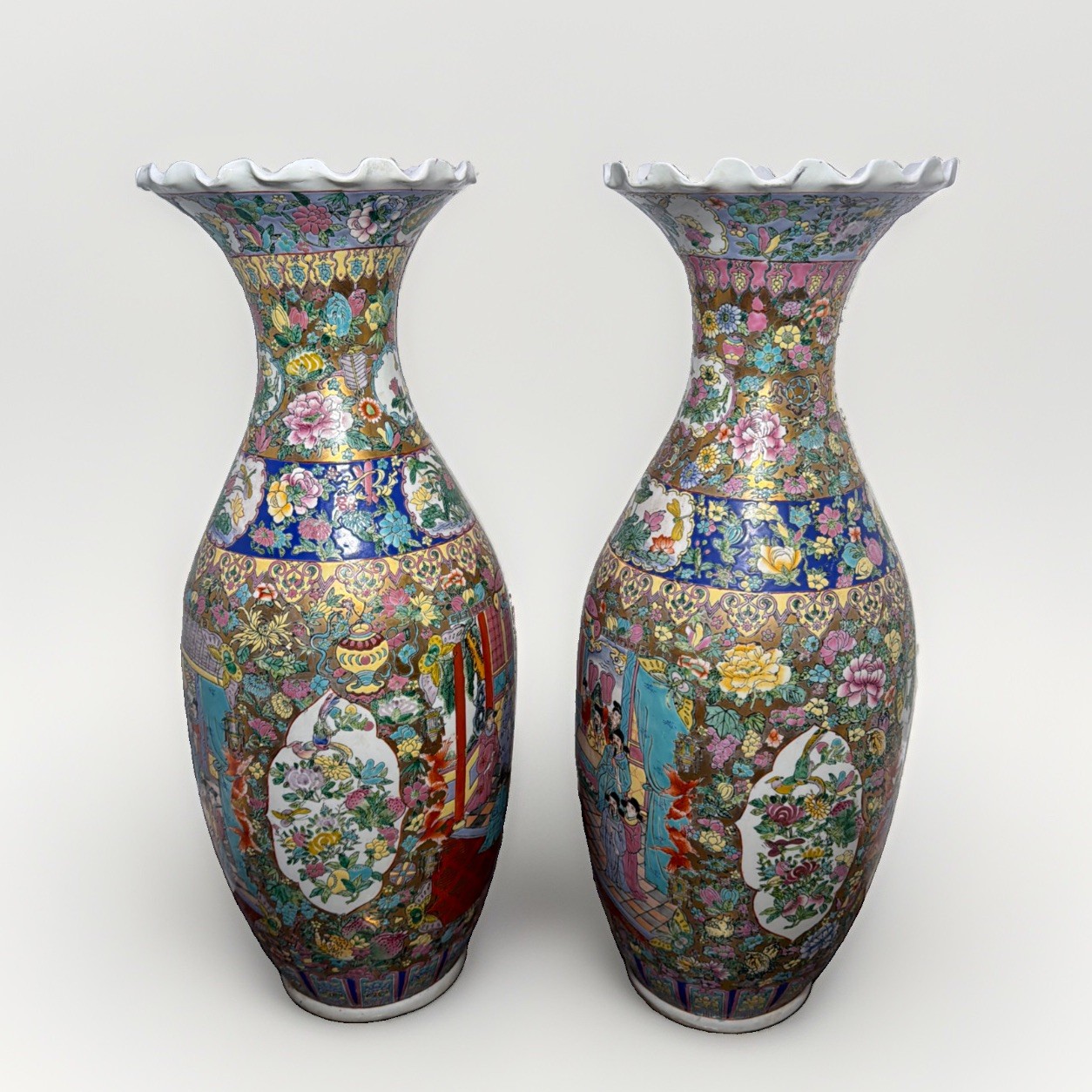 Mirror Pair of 27.5" Chinese Famille Rose Millefleurs Floor Vases & Stands Mirror Pair of 27.5" Chinese Famille Rose Millefleurs Floor Vases & Stands
