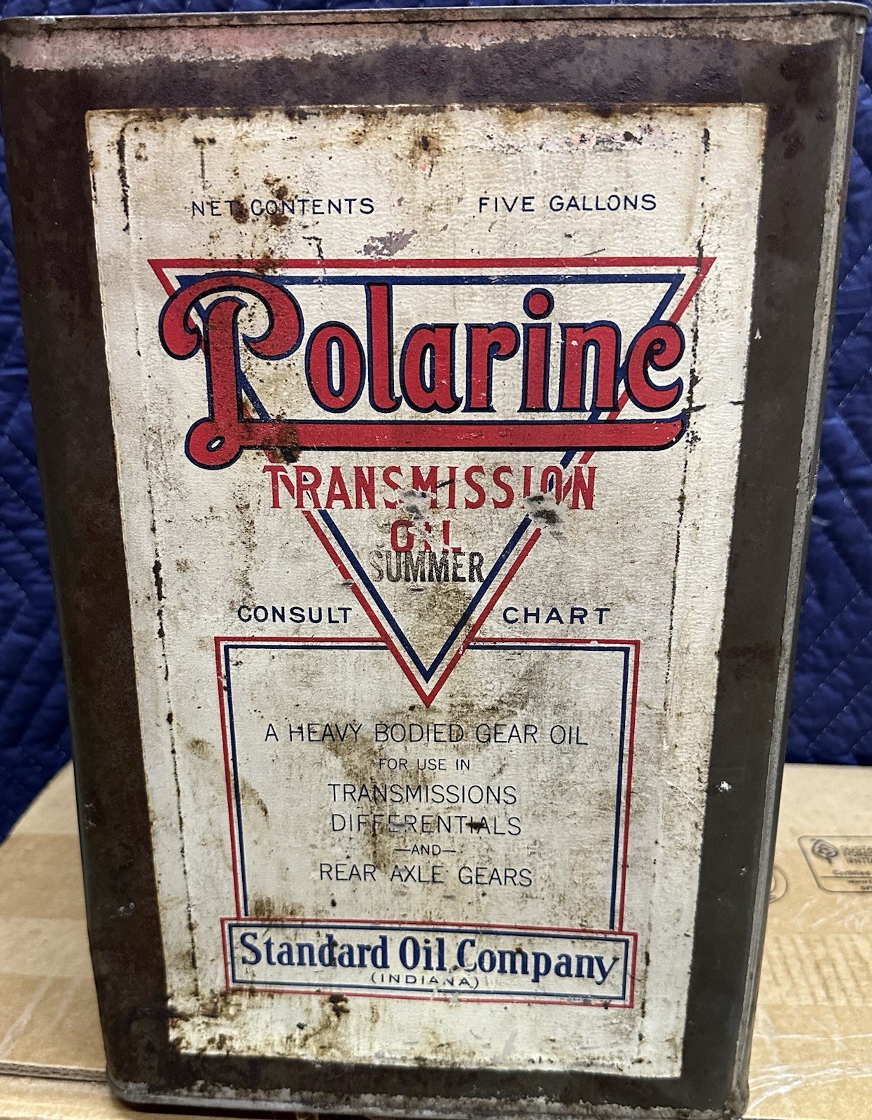 Early ORIGINAL Vintage POLARINE TRANSMISSION OIL 5 FIVE Gallon Square Metal CAN Early ORIGINAL Vintage POLARINE TRANSMISSION OIL 5 FIVE Gallon Square Metal CAN