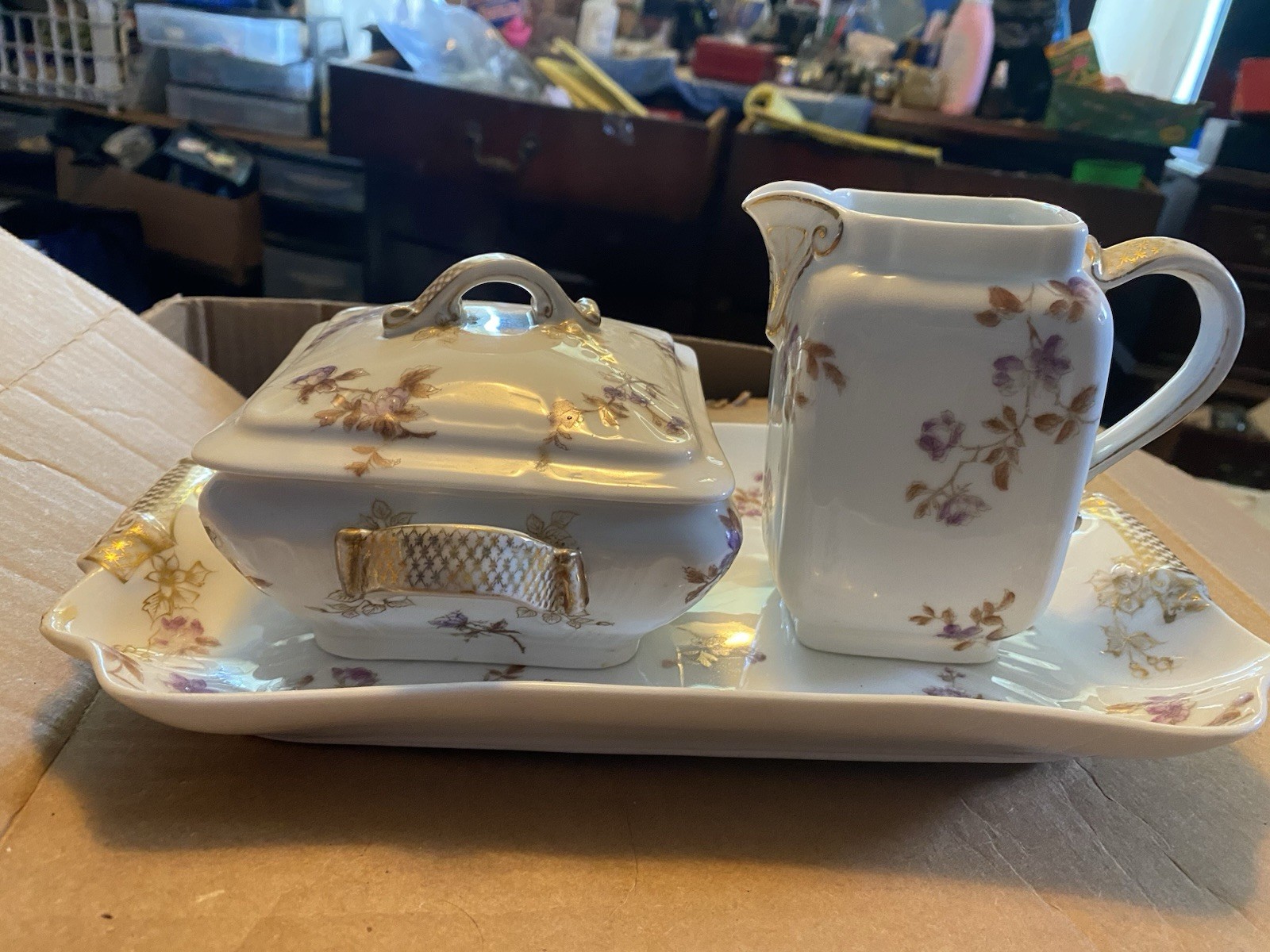 Antique CFH/GDM Limoges Porcelain Set. Gilded Acccents& Purple Flowers
