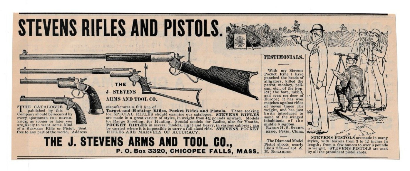J. STEVENS ARMS AND TOOL CO. Rifles Pistols Testimonials 1892 Catalog Print Ad