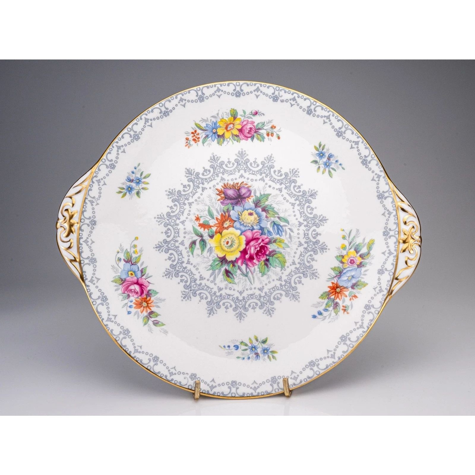 Vintage Shelley Fine Bone Crochet China #13302 Floral Tab Handled Cake Plate #1