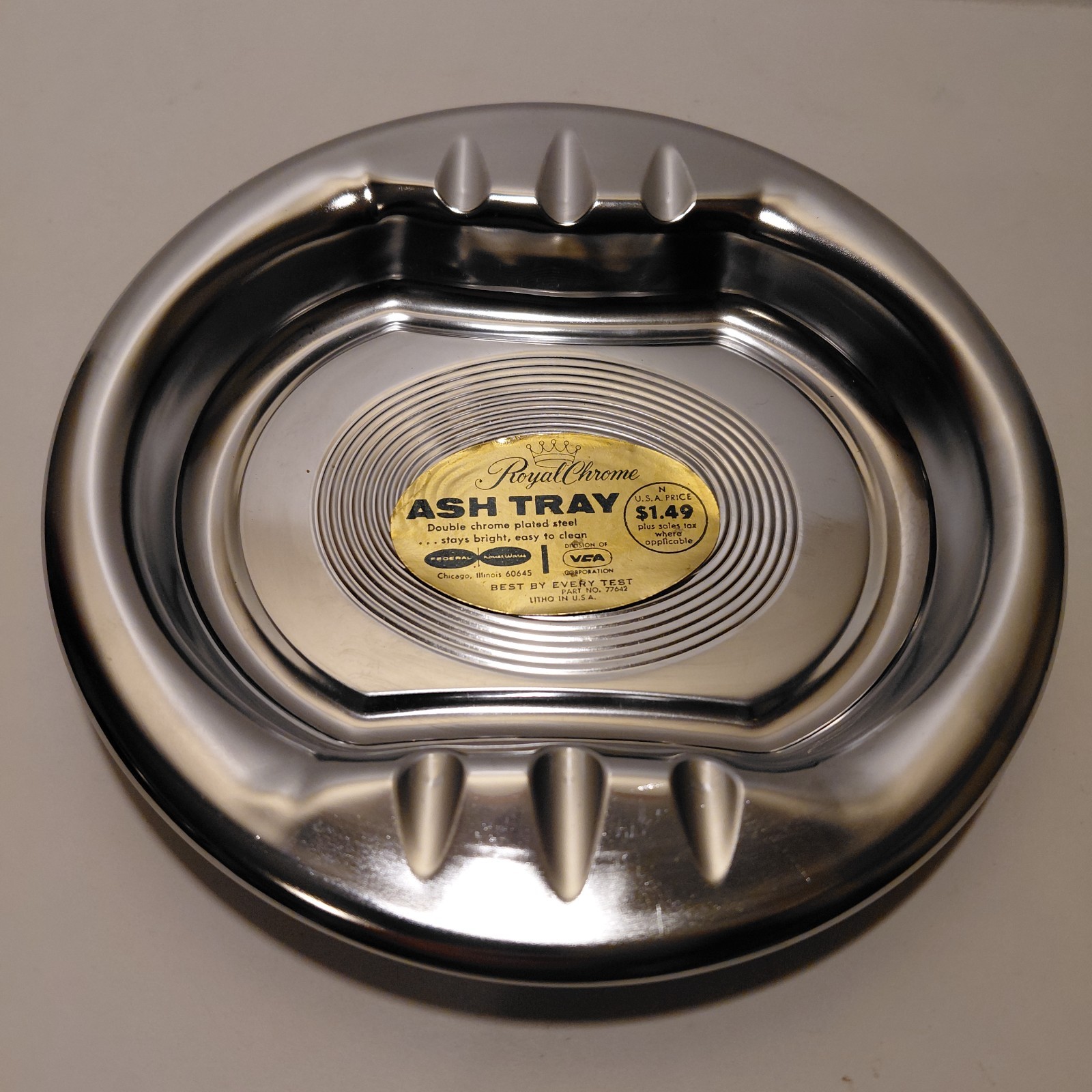New Old Stock Vintage Royal Chrome 7" Round Metal Ashtray - Part Number 77642 New Old Stock Vintage Royal Chrome 7" Round Metal Ashtray - Part Number 77642
