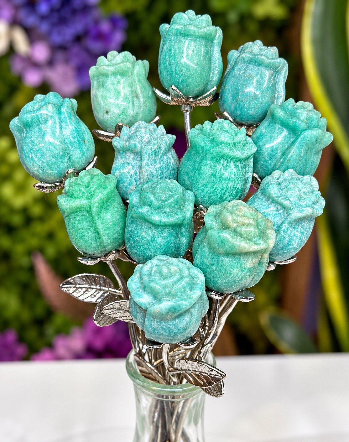 Wholesale Lot 12 Pcs Amazonite Rose With Rhodium Metal Stem Natural Crystal Wholesale Lot 12 Pcs Amazonite Rose With Rhodium Metal Stem Natural Crystal