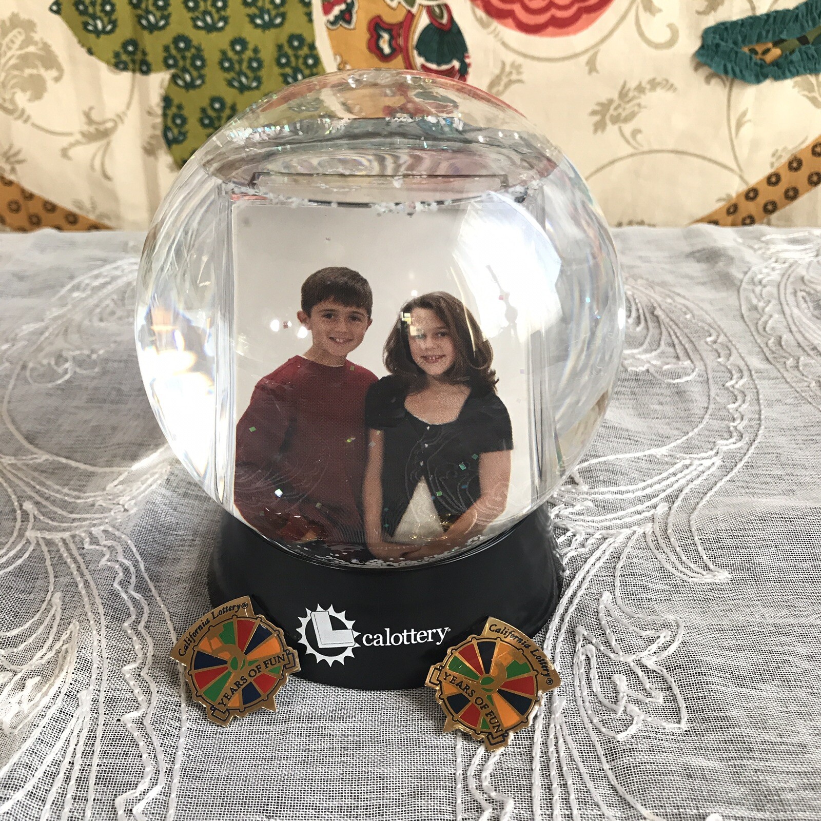 California Lottery Lotto 2 Hat Pins Photo Snow Globe Promotional Advertisement California Lottery Lotto 2 Hat Pins Photo Snow Globe Promotional Advertisement