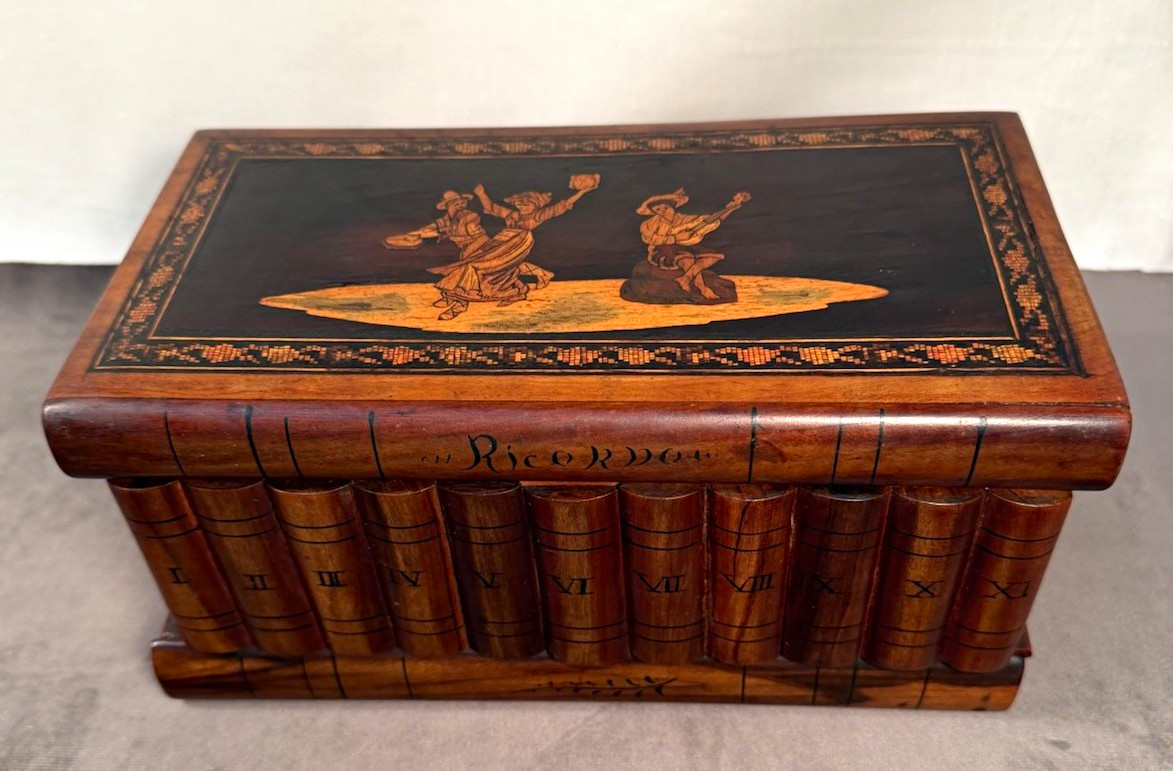 Antique Italian Sorrento Ware Olive Wood Library Book Puzzle Box. c. 1890