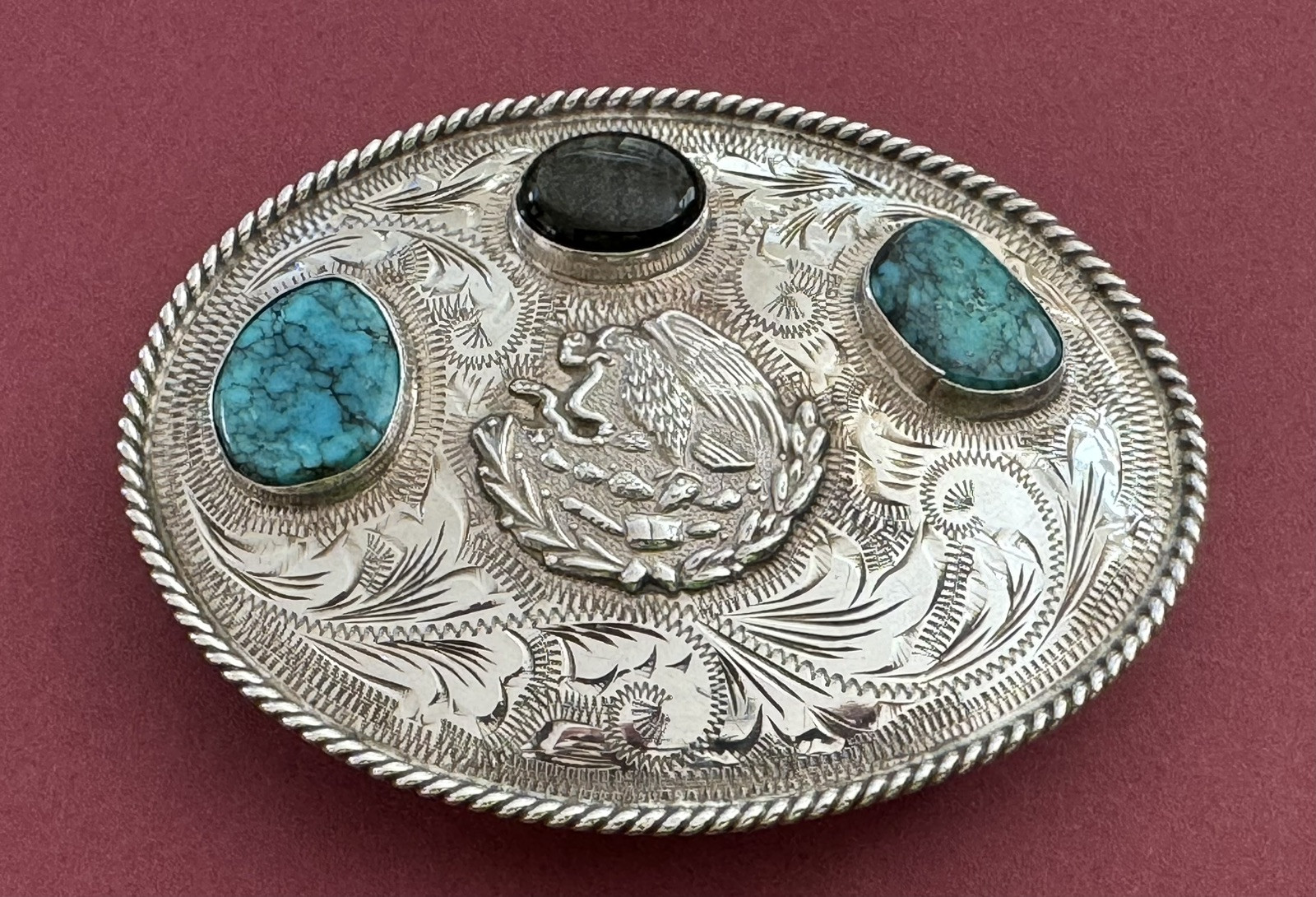 VTG Large 925 Sterling Silver México Eagle 50 Jalisco Turquoise Gems Belt Buckle VTG Large 925 Sterling Silver México Eagle 50 Jalisco Turquoise Gems Belt Buckle