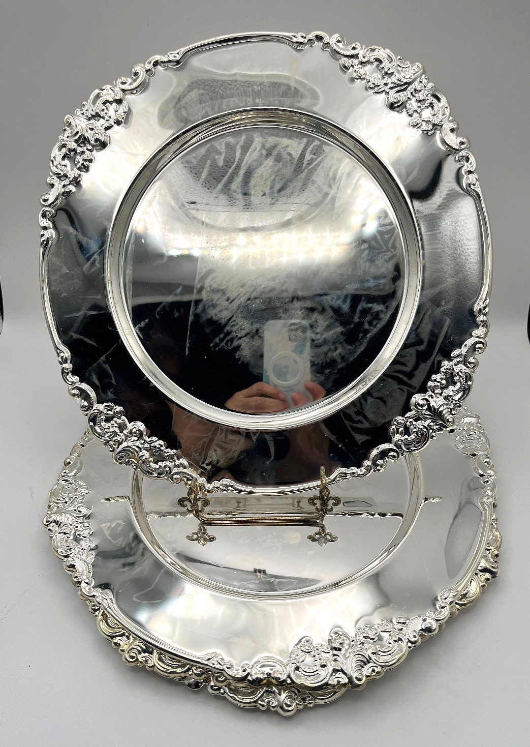 Vtg GODINGER SILVER ART Silver-Plated Ornate Baroque 12.5” Chargers Set Four Vtg GODINGER SILVER ART Silver-Plated Ornate Baroque 12.5” Chargers Set Four