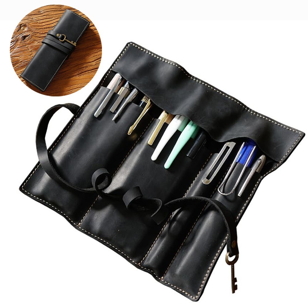 Vintage Genuine Leather Pen Pouch Roll-up Pencil Case Bag Stationery Storage US Vintage Genuine Leather Pen Pouch Roll-up Pencil Case Bag Stationery Storage US