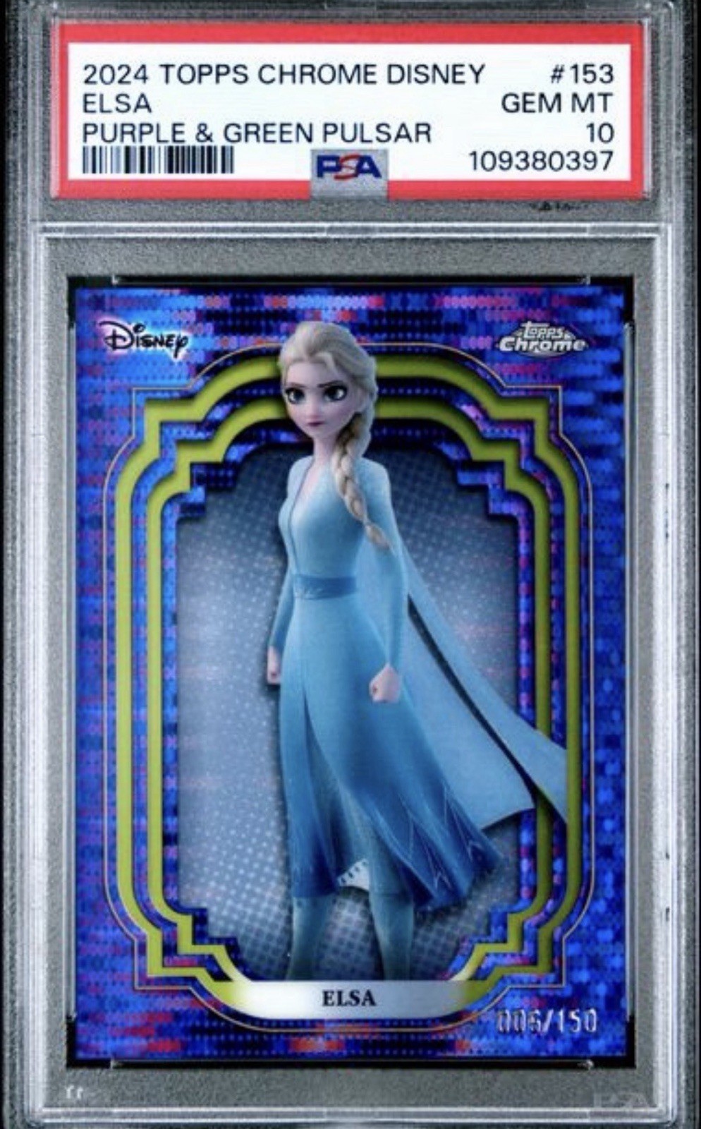 Topps 2024 Topps Chrome Disney Frozen Elsa #153 Purple & Green Pulsar PSA 10 Topps 2024 Topps Chrome Disney Frozen Elsa #153 Purple & Green Pulsar PSA 10