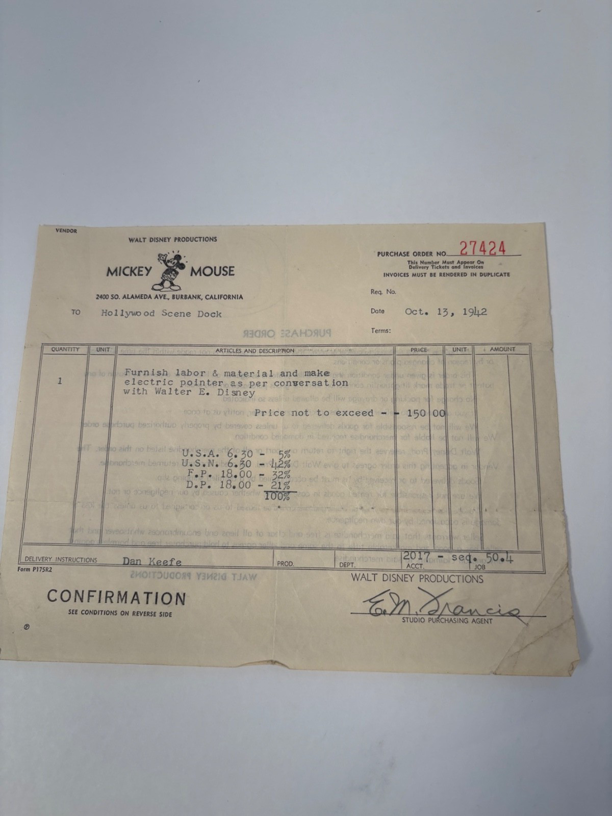 Vintage Walt Disney Productions 1942 Purchase Order