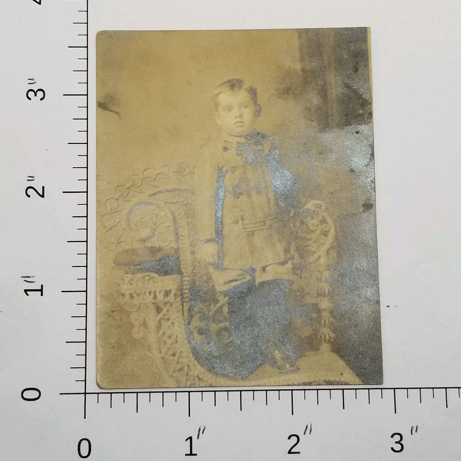 Vintage Photograph Young Boy standing in Victorian Chair Turn of the Century