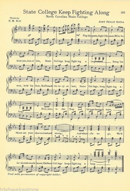 N.C. STATE Vtg Song '32 "State College Keep Fighting Along" NORTH CAROLINA STATE N.C. STATE Vtg Song '32 "State College Keep Fighting Along" NORTH CAROLINA STATE