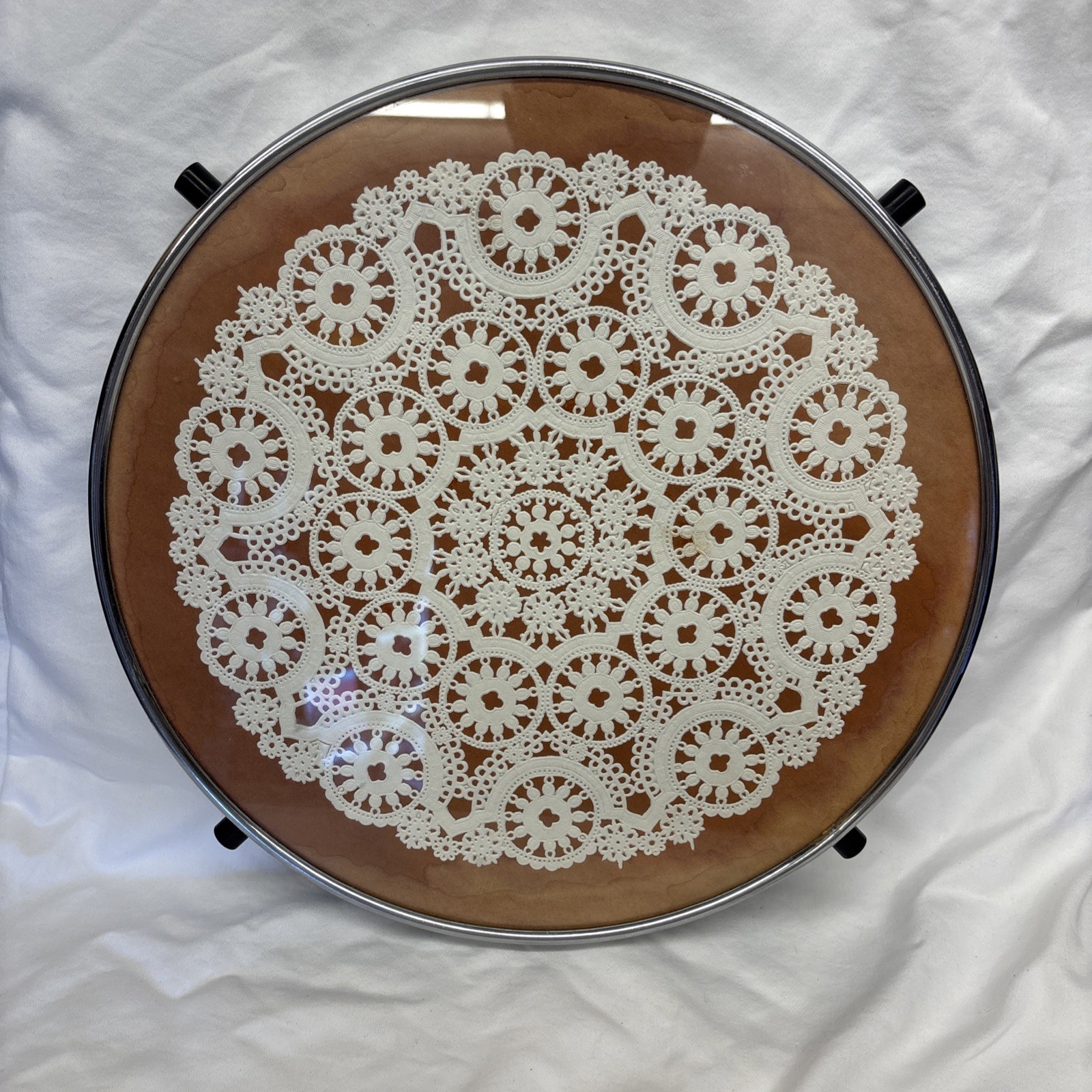large rotating TRAY with fine crochet doily under glass wood and chrome 1930s 1L large rotating TRAY with fine crochet doily under glass wood and chrome 1930s 1L