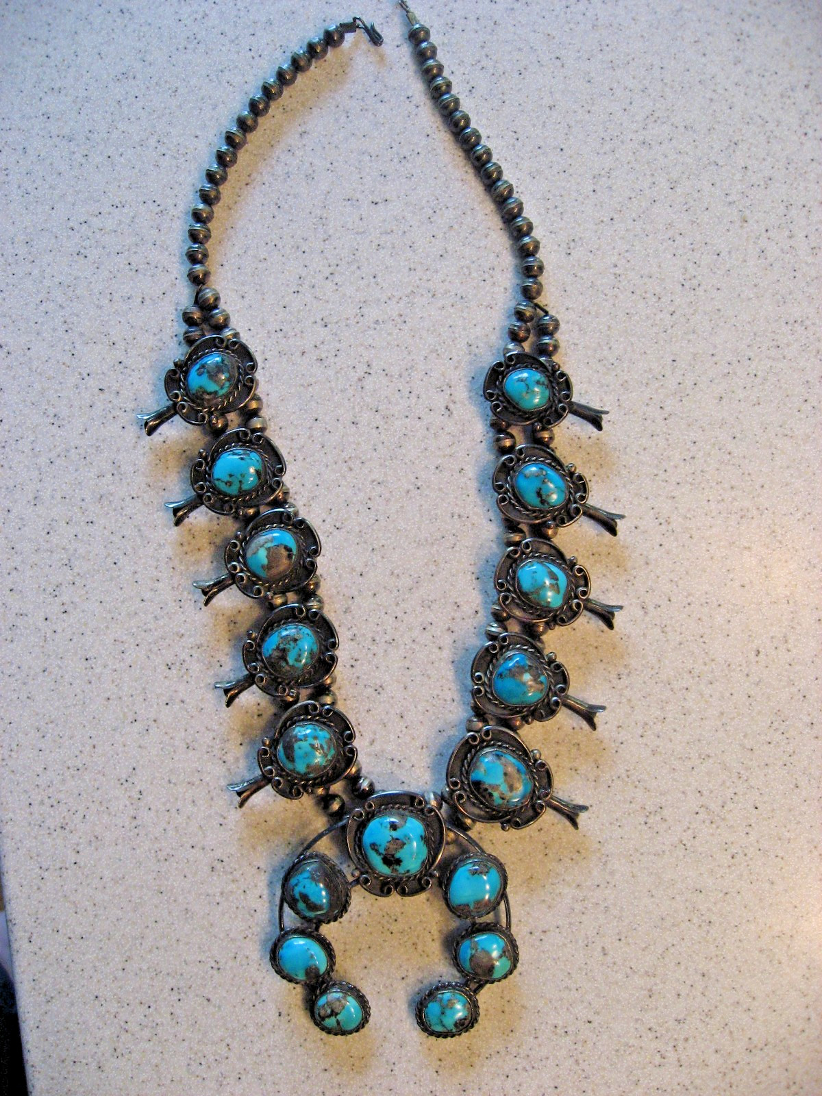 Vintage Navajo Squash Blossom Sterling Silver Necklace with Turquoise Stones Vintage Navajo Squash Blossom Sterling Silver Necklace with Turquoise Stones