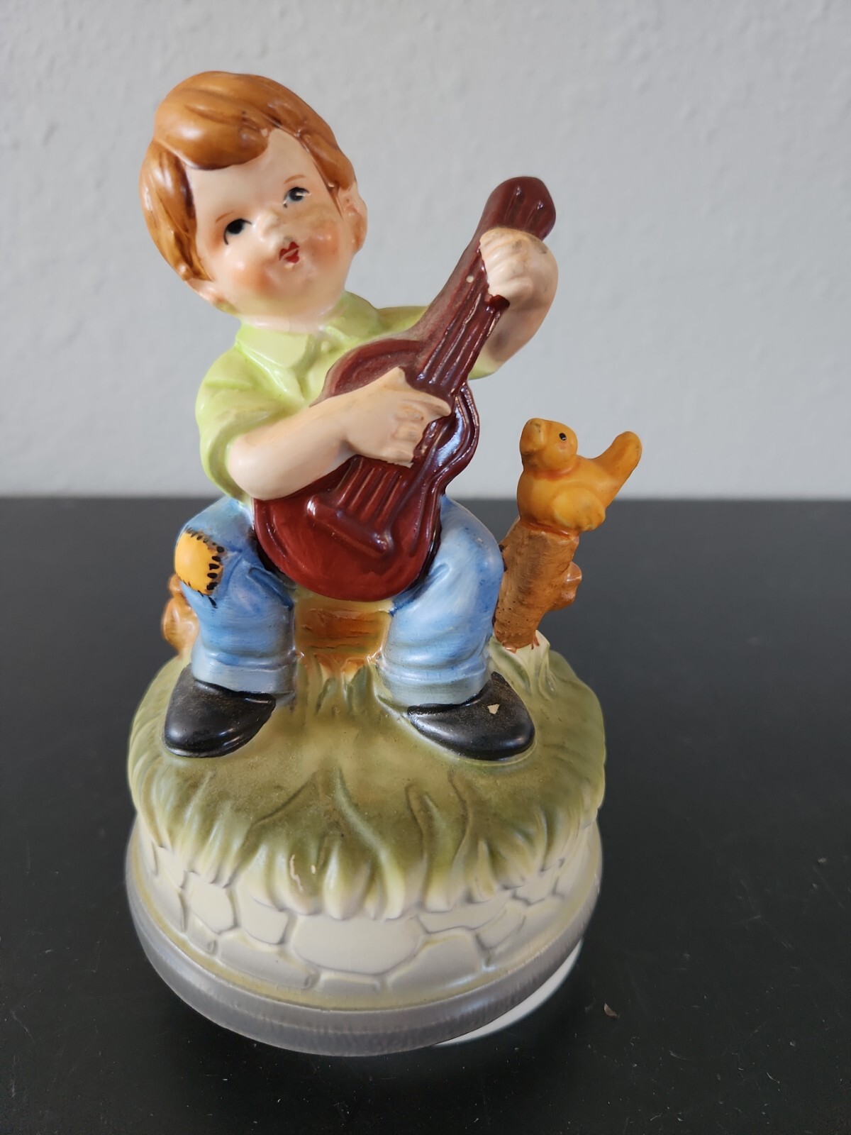 Vtg  Music Box Porcelain Boy Playing Guitar Little Bird Japan Works 6" 1950's