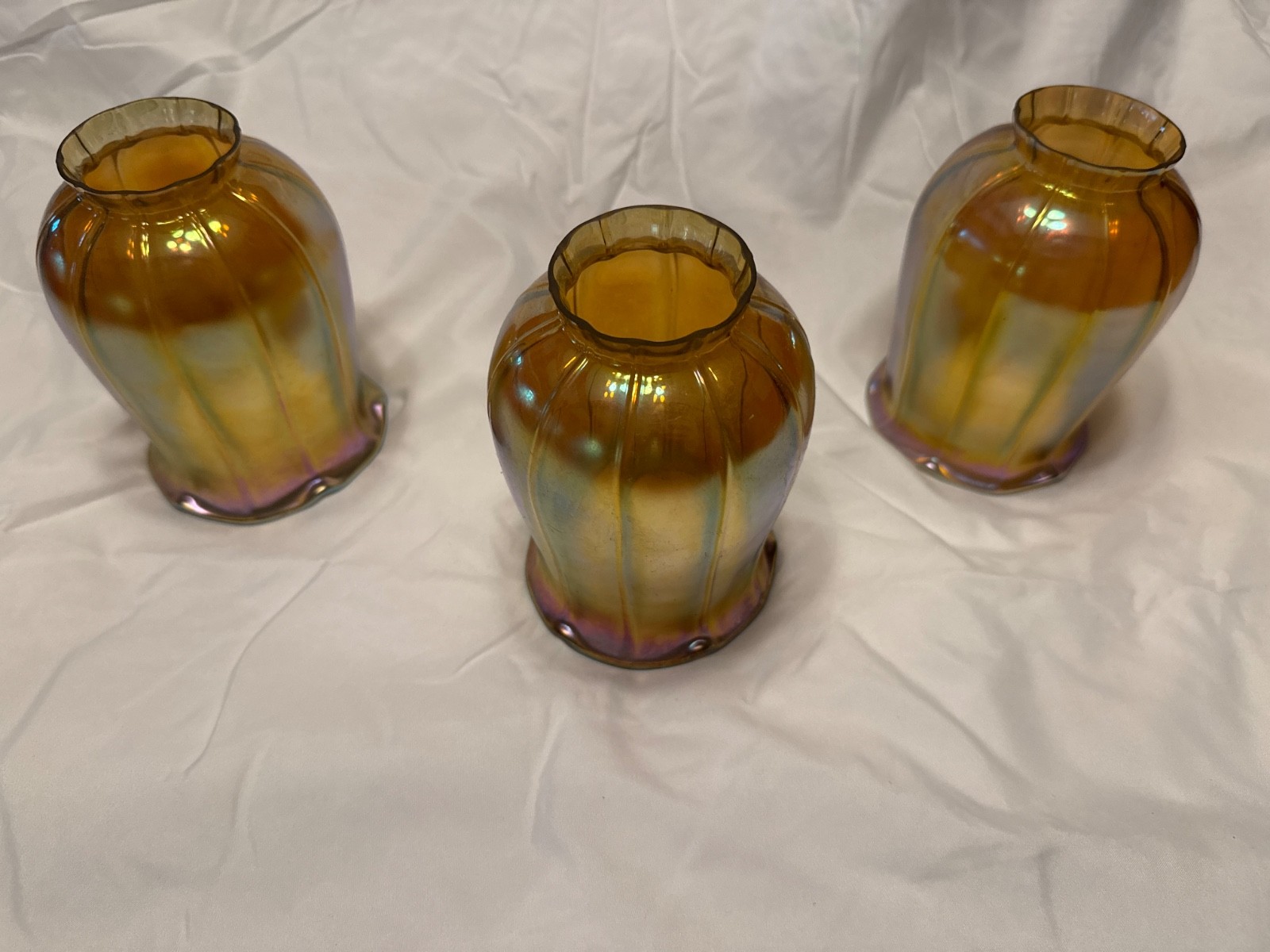 Vintage Gold Iridescent Ribbed Optic Tulip Art Glass Shades - Set Of 2 Vintage Gold Iridescent Ribbed Optic Tulip Art Glass Shades - Set Of 2