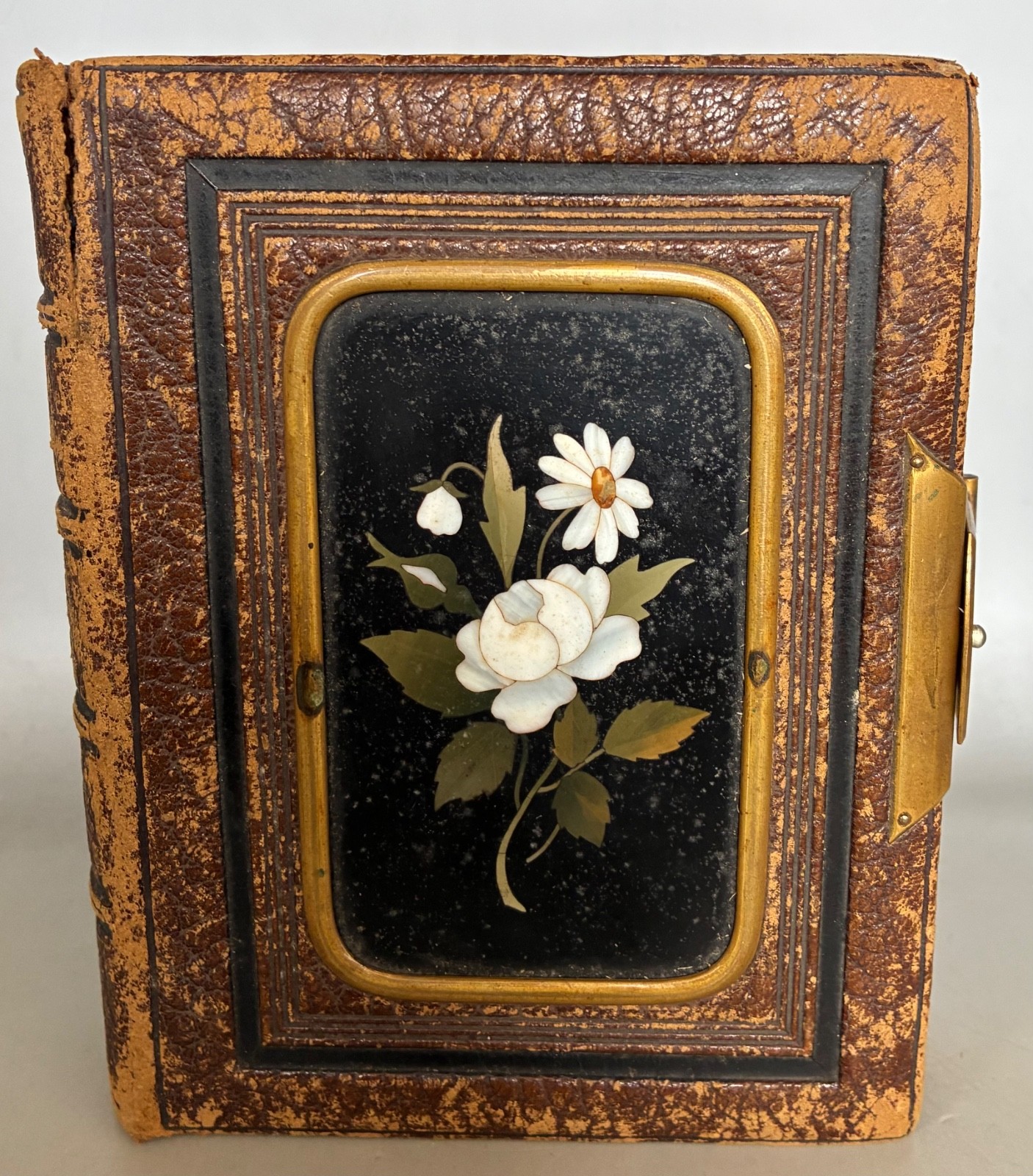 Unusual Antique Leather Photo Album With Pietra Dura Floral Panel Unusual Antique Leather Photo Album With Pietra Dura Floral Panel