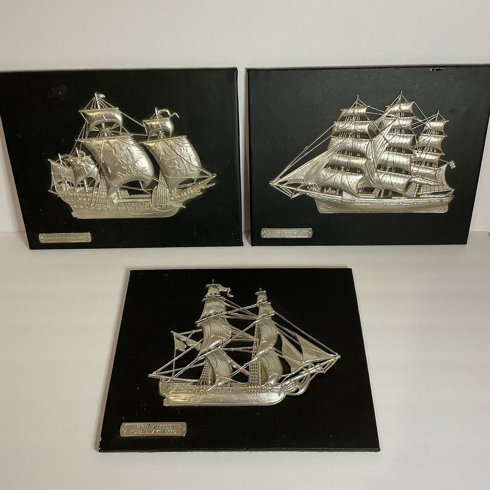 Vintage Nautical Wall Art Silver Embossed On Black Panels Italy MCM Set Of 3 Vintage Nautical Wall Art Silver Embossed On Black Panels Italy MCM Set Of 3