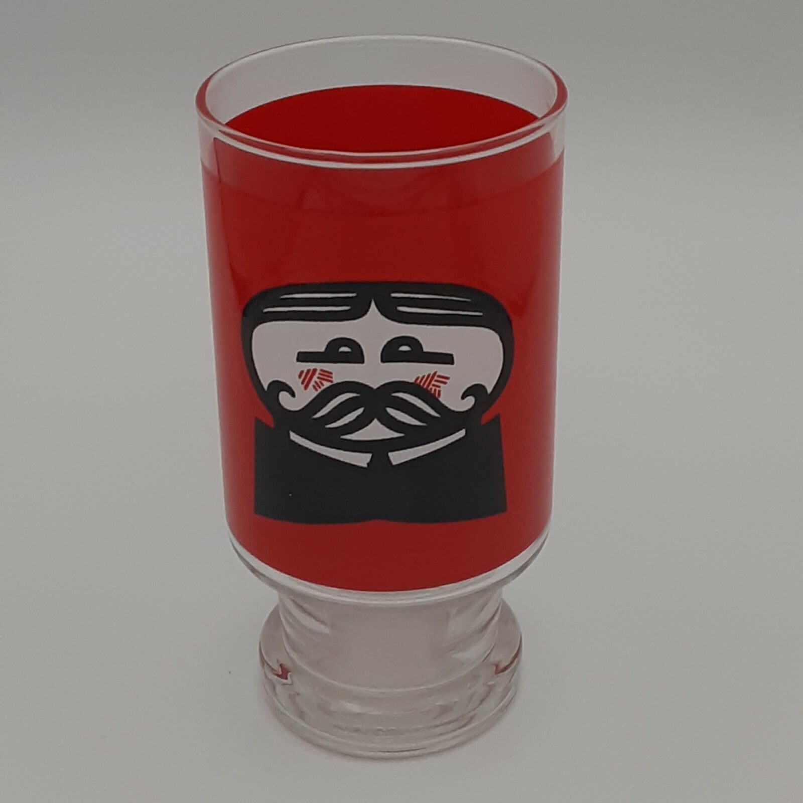 Vintage 70s Pringles Pedestal Drinking Glass Red Julius Mr. P Moustache Man Logo Vintage 70s Pringles Pedestal Drinking Glass Red Julius Mr. P Moustache Man Logo