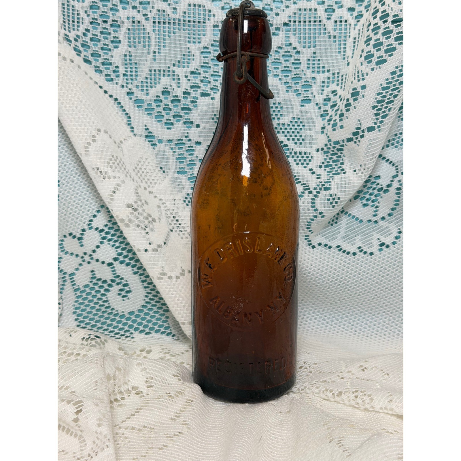 Antique W.E. Drislane Albany NY Amber Bottle Original Stopper Clyde Glass