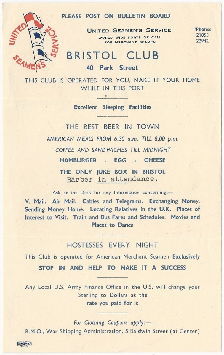 1946 American Merchant Sailors @ English Bristol Club Bar Pub British Handbill 1946 American Merchant Sailors @ English Bristol Club Bar Pub British Handbill