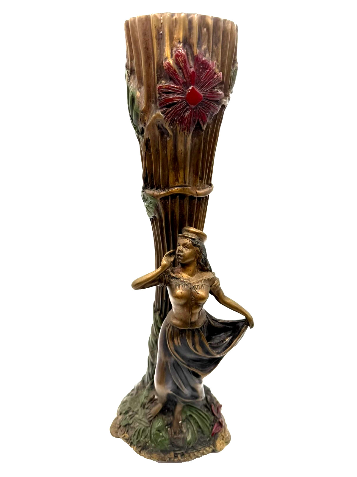 Antique Art Nouveau Figural Woman Maiden Bronze Flower Vase 16.25" Tall Antique Art Nouveau Figural Woman Maiden Bronze Flower Vase 16.25" Tall