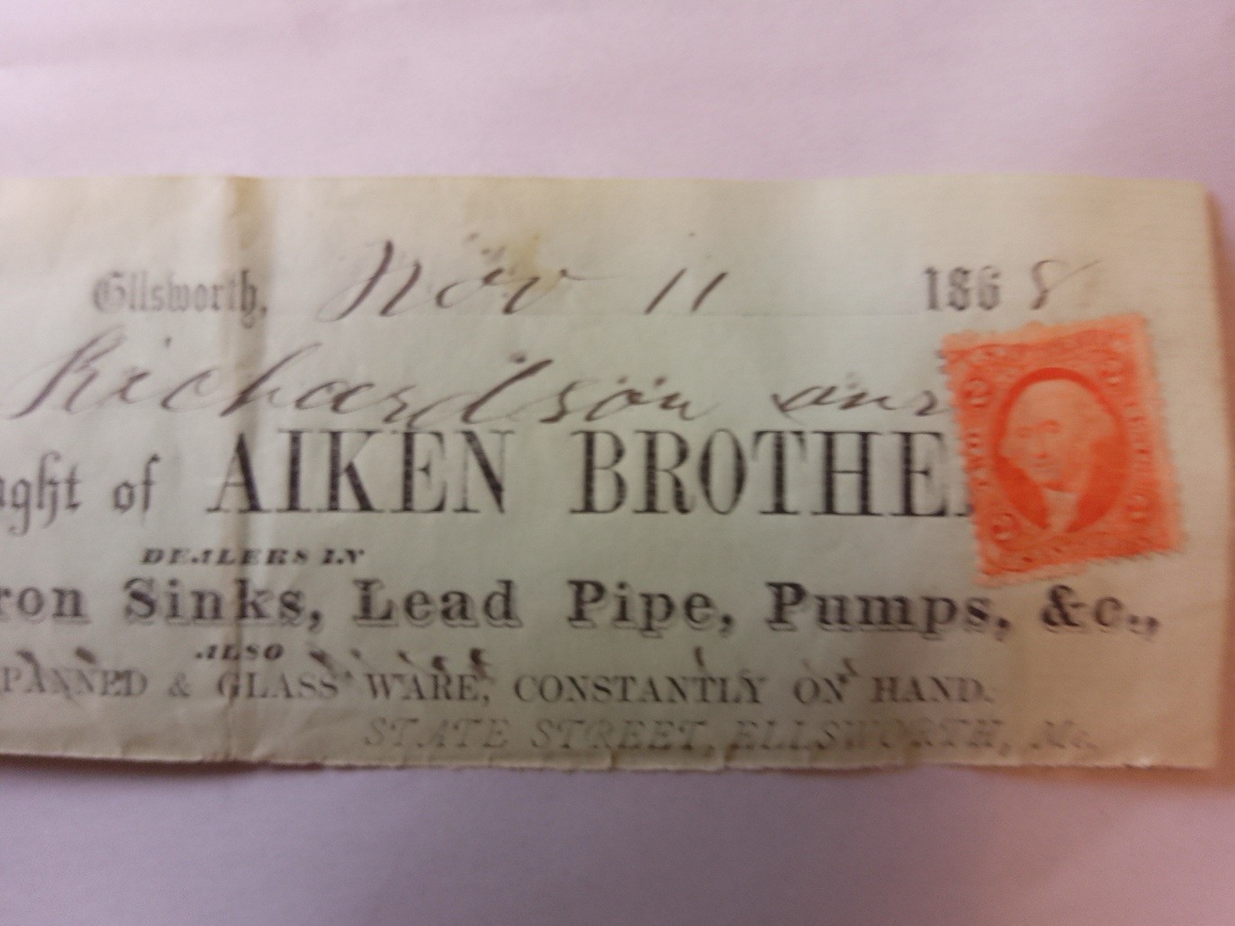 Antique 1868 Aiken Brothers Hardware Store Receipt with Stamp Ellsworth Maine