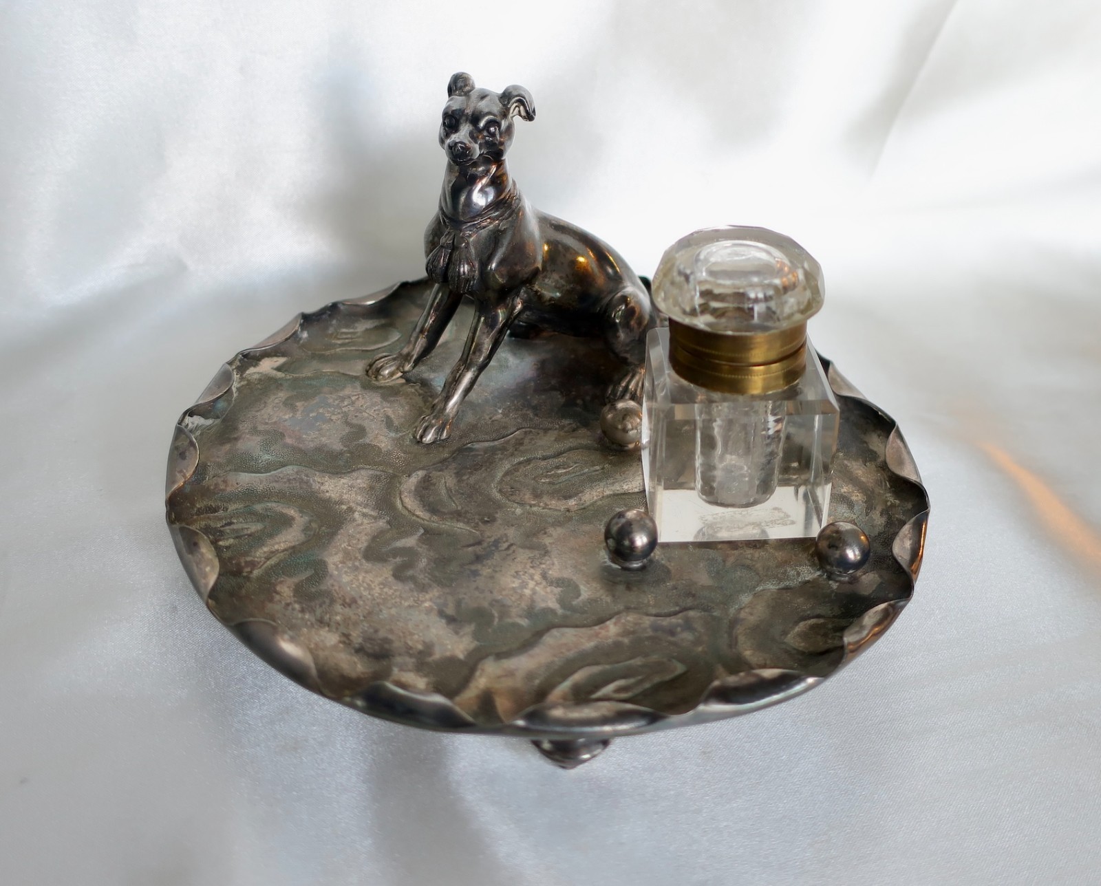 Rare Antique Greyhound/Whippet Silver Plated Derby Inkwell