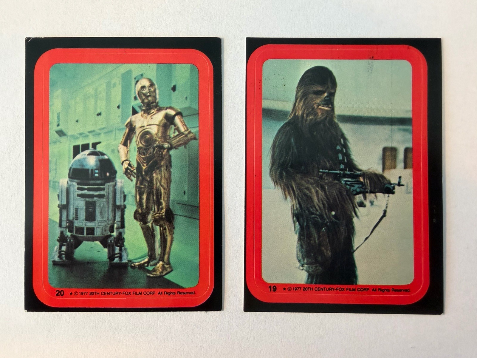 1977 Topps Star Wars Stickers #19 #20 Chewbacca R2-D2 C-3PO 2 Card Lot 1977 Topps Star Wars Stickers #19 #20 Chewbacca R2-D2 C-3PO 2 Card Lot