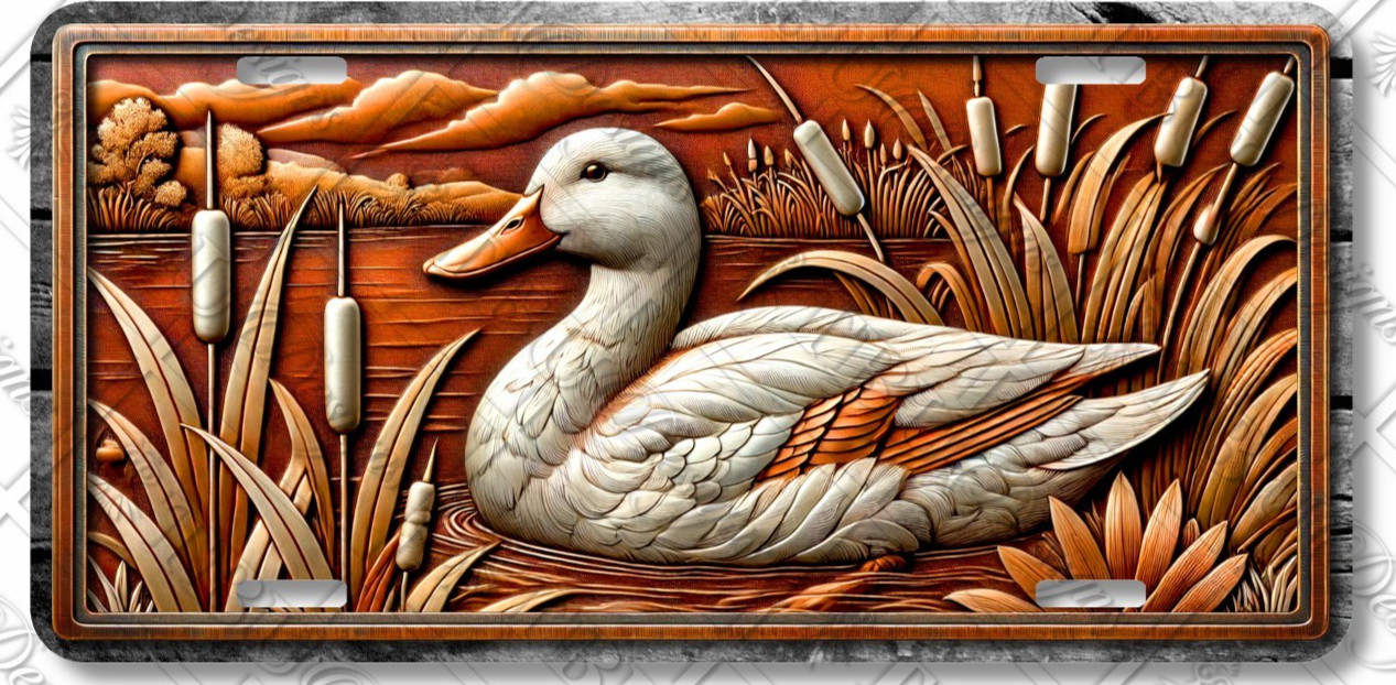 Rustic White Duck License Plate – Farm Pond Cattails Car Tag – LP-DU002