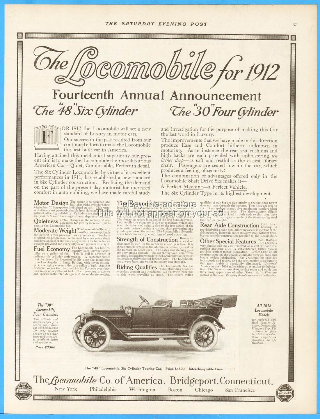 1912 Locomobile 6-48 Touring Car 4-30 Bridgeport CT Antique 1911 Print Ad