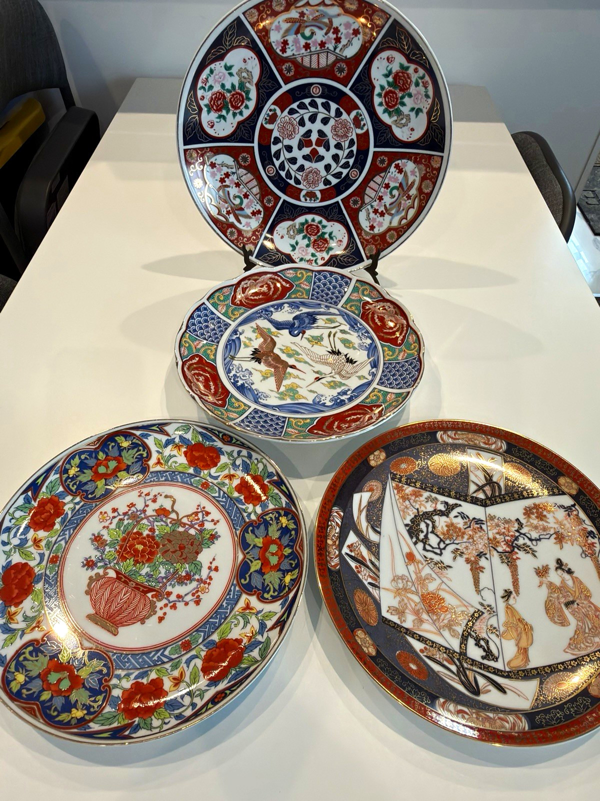 Set of 4 Vintage Japanese Imari Porcelain Plates Charger Crane Geisha 1950-1980s