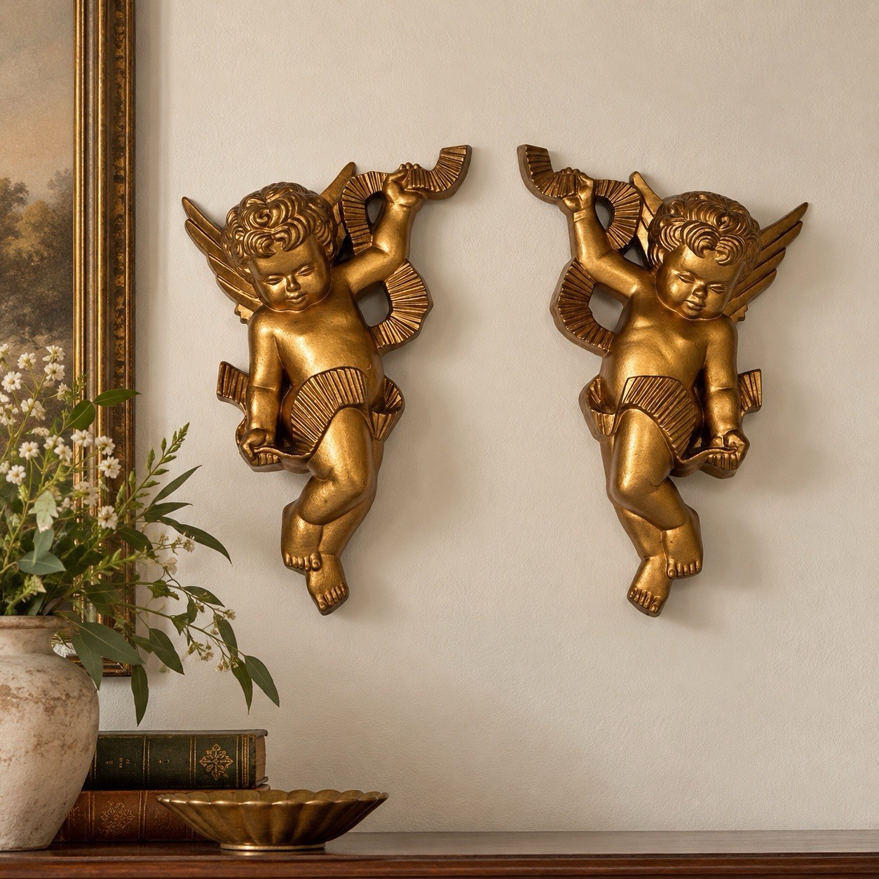 Vintage 1970 Burwood Gold Cherub Angel Wall Hanging Set of 2 Made in USA Vintage 1970 Burwood Gold Cherub Angel Wall Hanging Set of 2 Made in USA