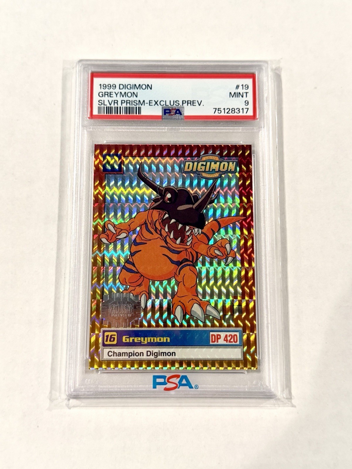 1999 Digimon Greymon PSA 9 Silver Prism Exclusive Preview #19 Holo LOW POP 1999 Digimon Greymon PSA 9 Silver Prism Exclusive Preview #19 Holo LOW POP