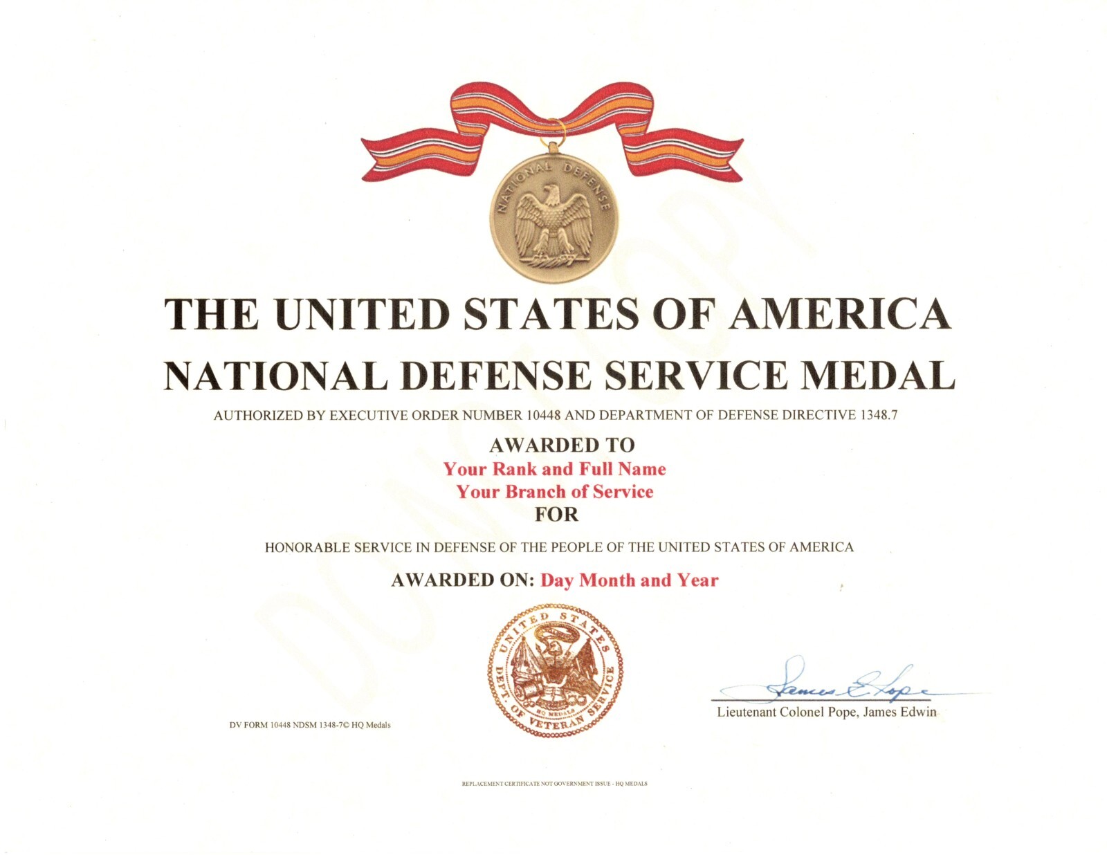 NDSM National Defense Service Medal Certificate Army Navy Air Force Marines NDSM National Defense Service Medal Certificate Army Navy Air Force Marines