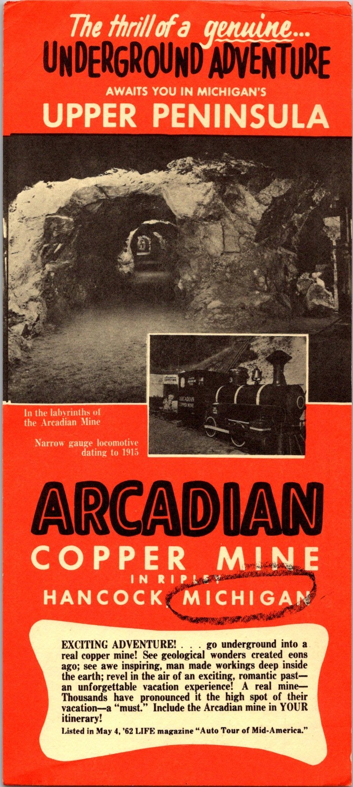 Arcadian Copper Mine in Ripley Hancock MI 1962 Vintage Travel Leaflet TL6 Arcadian Copper Mine in Ripley Hancock MI 1962 Vintage Travel Leaflet TL6