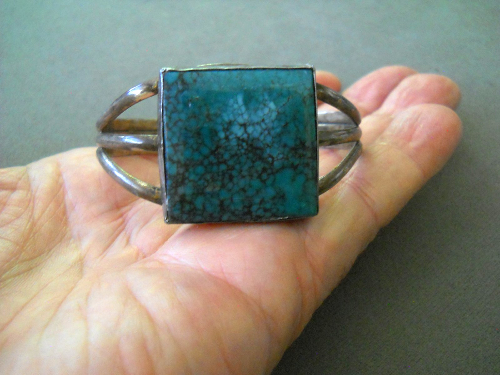 Native American Navajo Square Spiderweb Turquoise Sterling Silver Cuff Bracelet